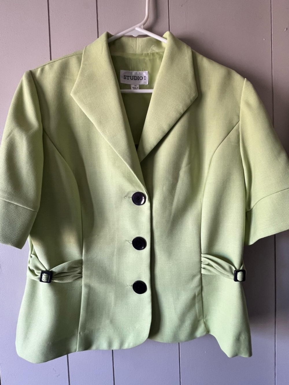 Studio 17 Pale Green Short Sleeve Blazer with Buckle Accent